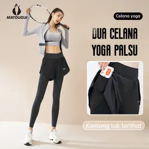 Celana Kebugaran Dua Potong Palsu Perut Pinggang Tinggi Pakaian Luar Wanita Celana Olahraga Lari Cepat Kering Saku Celana Yoga Ketat Outdoor Sport Legging Cepat Kering Anti Air Berpori Nyaman Uniseks Wanita Celana Olahraga