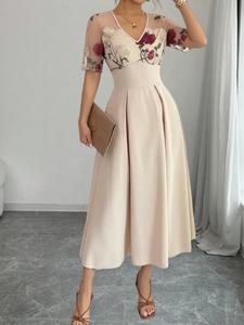 Vestido elegante para mujer para fiesta, tela sólida con parches bordados de malla, manga corta y cuello en V, vestido de noche estiloso para ocasiones especiales