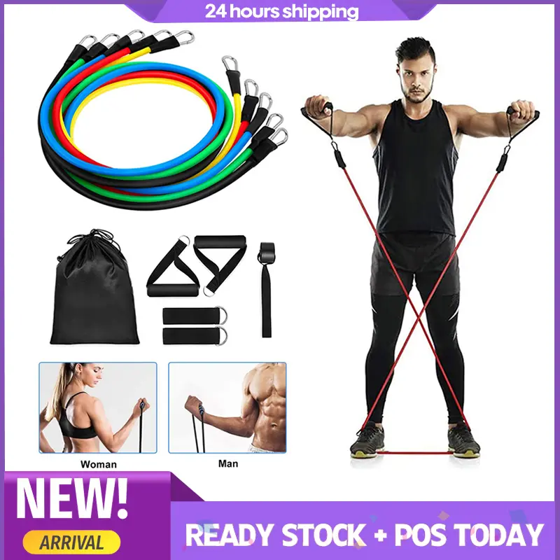 [SG SELLER] 11Pc/Set Elastic Band Resistance Rope Set Resistance Tube Set Multi Level Resistance for Workout Stretching strength training Ultimate Sup