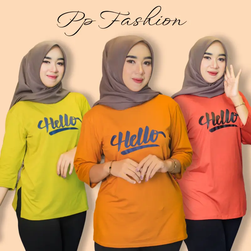 Kaos Oversize Slit Kaos High Slit Katun Spandek Rayon With Sablon Hello  Kerah Bulat Nyaman Panjang Oblong Tangan 7/8 0