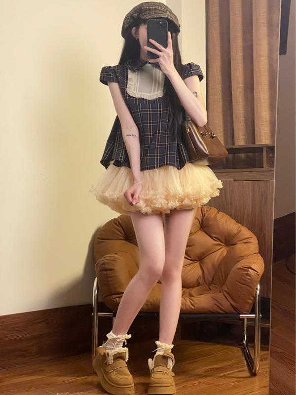 P256 - Chân váy tu tu 2 lớp voan tơ bồng nhún tầng xòe dáng ngắn lưng thun trendy 2025