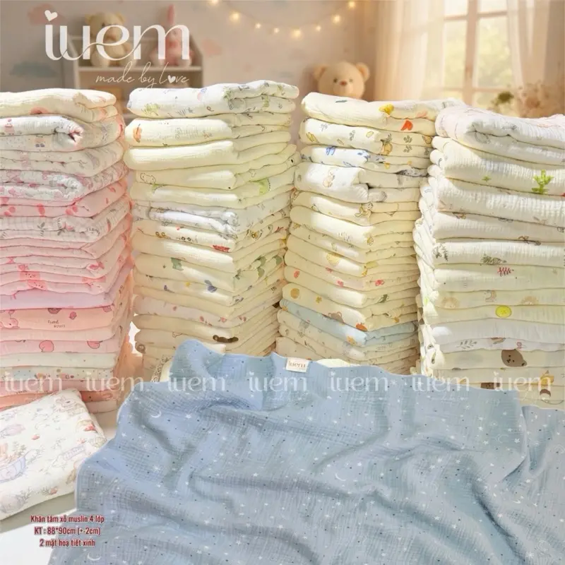 iuem Khăn tắm xô muslin 4 LỚP xô muslin kích thước 88*90cm (+-2cm) dành cho bé từ sơ sinh tới lớn, có thể kết hợp làm ủ quấn kén, chăn đắp...