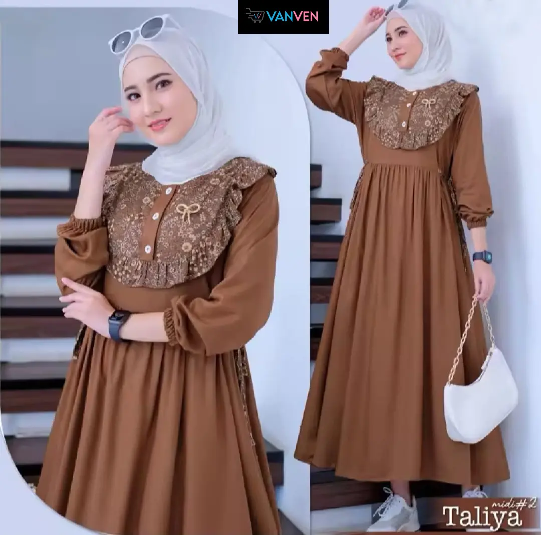 VANVEN - Taliya Midi Dress Muslim Rayon Twill Tebal Busui Friendly Full Kancing Wanita Gamis Mewah Dewasa Pesta Remaja