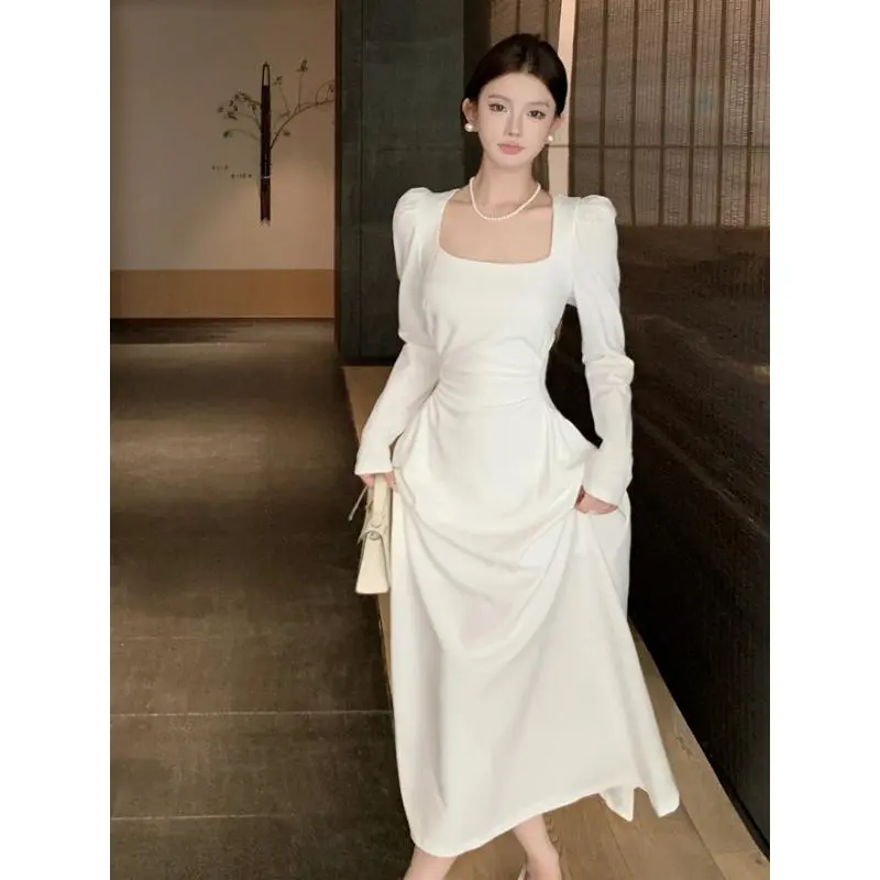 8940 korean long fitted plain white dress for woman casual formal elegant plus size civil wedding dresses Simple Wanita Panjang Gaun 3