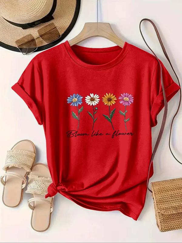 【Plus Size】 Daisy Print Round Neck Tee, Casual Short Sleeve Crew Neck T-Shirt for Summer, Women's Plus Clothing for Daily Wear, Top 0