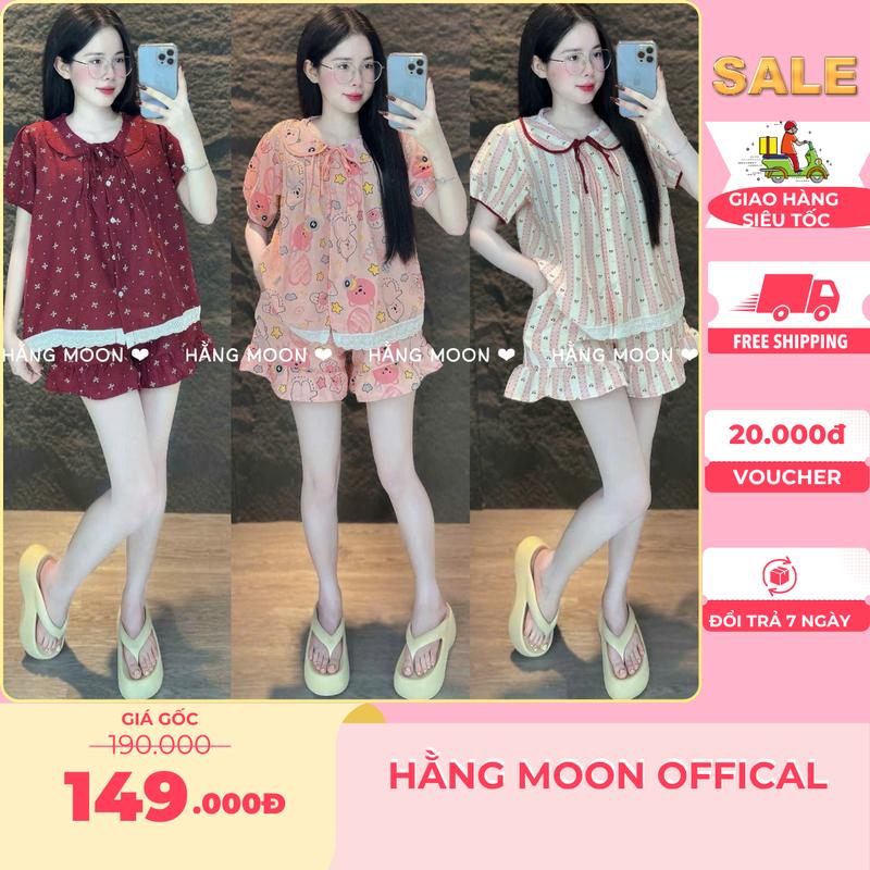  Form 45 - 85KG  Đồ Bộ Mặc Nhà Set Bộ Nữ Áo Cộc Tay Cổ Nơ Phối Họa Tiết Mix Quần Đùi Mặc Nhà Siêu Xinh BigSize HẰNG MOON 