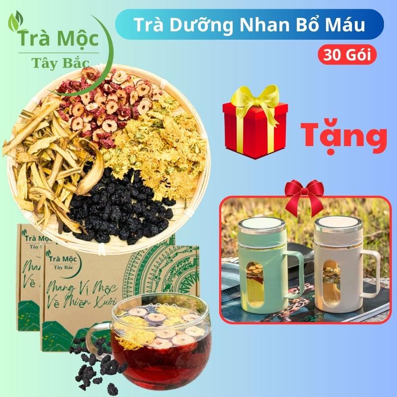 Tặng Phích Hộp 30 Gói Trà Dưỡng Nhan Bổ Máu Thảo Mộc Tứ Vị Dâu Tằm – Hoa Cúc – Cam Thảo – Táo Đỏ | Thơm Dịu Dễ Uống – Trà Mộc Tây Bắc