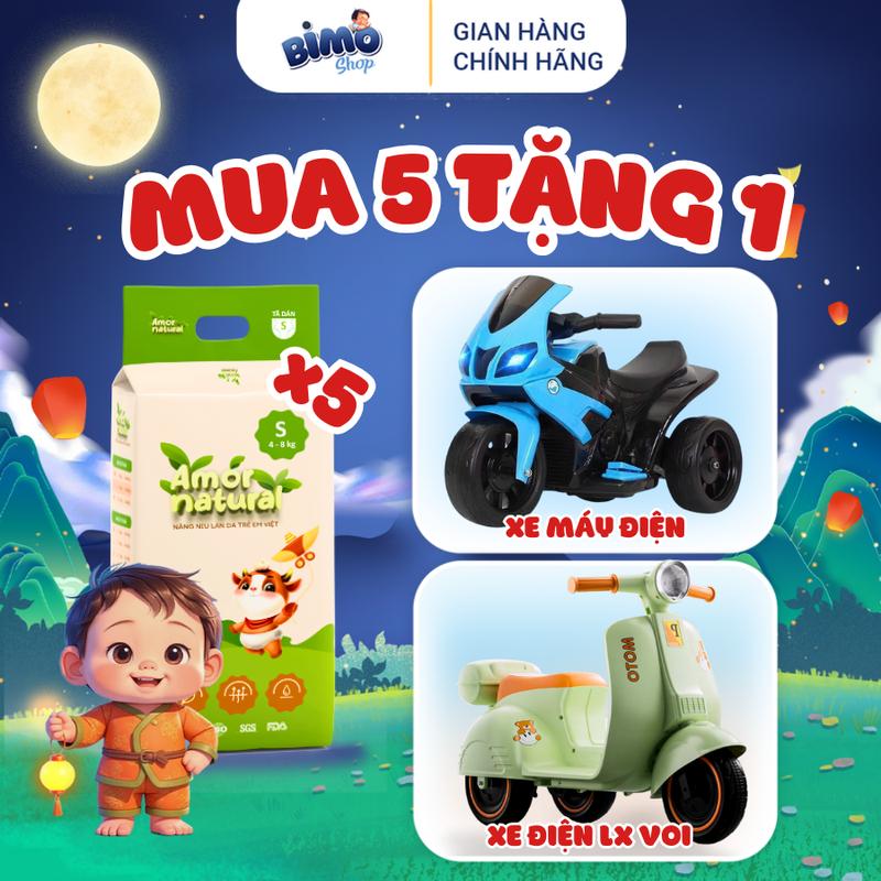 (5A) [TẶNG XE MÁY ĐIỆN] Combo 5 Bịch Tã/ Bỉm AMOR NATURAL VIỆT NAM Thoáng Khí Mỏng Nhẹ Cho Bé