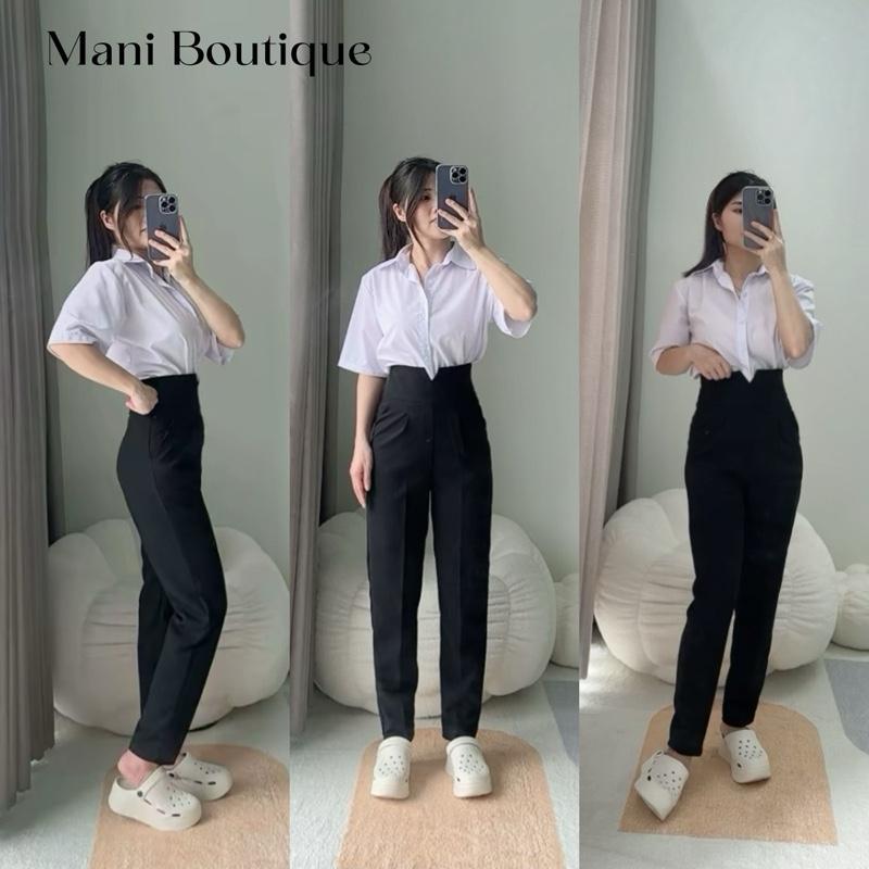 Quần tây nữ cạp cao đi học dáng baggy cạp v khoá sườn màu đen vải tuyết mưa co giãn nhẹ Women Pants Kem Voan