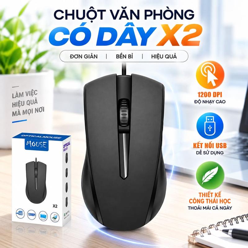 Chuột văn phòng có dây X2 1200 DPI USB chuột máy tính giá rẻ phù hợp cho học sinh sinh viên nhân viên văn phòng
