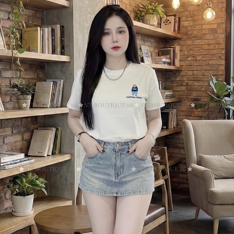   BST HELLO TẾT  VT BOUTIQUE 86 Áo Thun Nữ  Phom Ôm Vừa  THÊU GẤU In Sau Lưng 2 Mặt Cotton Co Giãn Dưới 58kg Freesize 