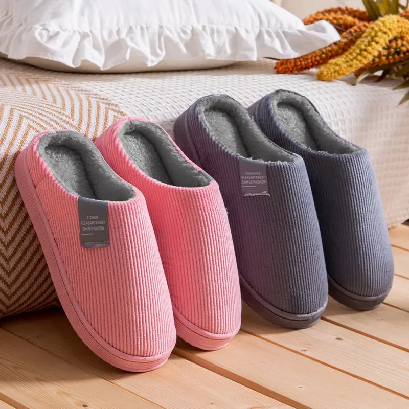 Dép Cotton Polyester Ấm Áp Cho Nam Và Nữ, Giày Đi Trong Nhà Đơn Giản Chống Trượt, Dép Đi Trong Nhà Bằng Vải Nhung Kẻ Cho Cặp Đôi, Giày Mùa Đông Cho Nữ