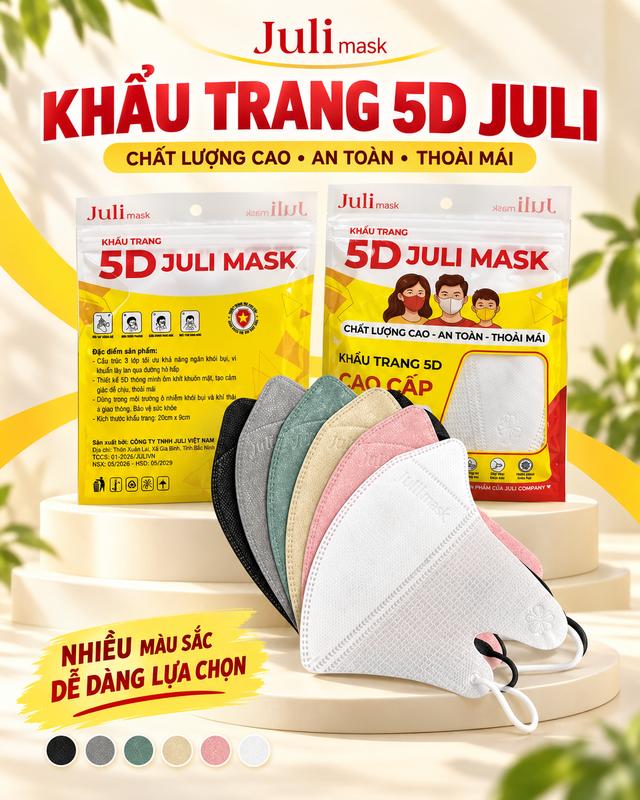 Khẩu trang 5D JULI MASK Phù hợp nam nữ, dây đeo co giãn chất mềm mại, chống…