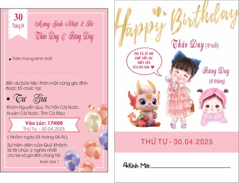 Combo 20 thiệp sinh nhật, thôi nôi hình bé gái chibi màu hồng dễ thương cho bé gái