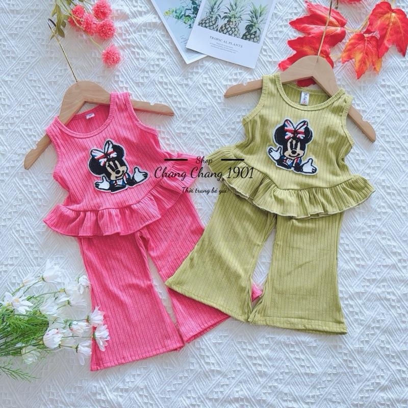 8-13kg sét áo sát nách đính họa tiết ngẫu nhiên  phối bèo quần ống loe chất vải gân tăm cho bé gái dưới 3 tuổi