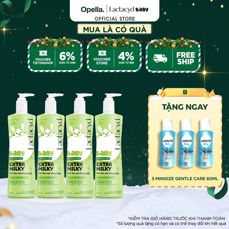  Bộ 4 chai Sữa Tắm Gội Trẻ Em Lactacyd Baby Extra Milky Làm Sạch Dịu Nhẹ và Dưỡng Ẩm Vượt Trội 500ml chai Cho Bé 