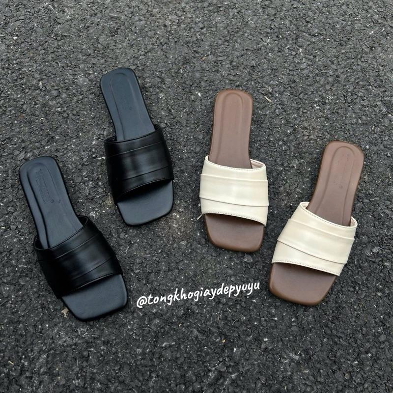   5562-Deal mở bán CHUẨN SZ  Dép lê nữ đế bệt mũi vuông phối quai ngang thiết kế xinh đẹp 