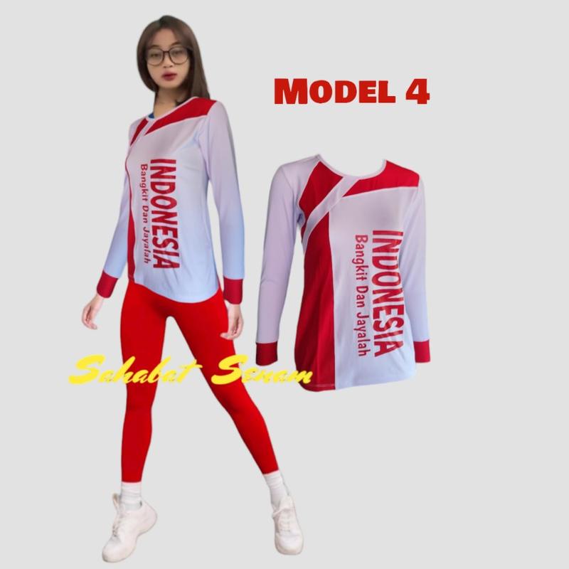 Product Introduction of baju kaos senam wanita atasan olah raga merah putih bahan elastis 6
