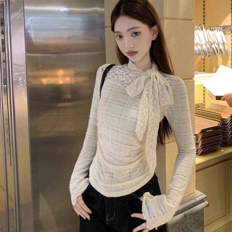 Áo Thun Ren Lấy Cảm Hứng Từ Công Chúa, Cho Mùa Xuân Và Mùa Thu Năm 2025, Áo Dệt Kim Bó Sát, Định Hình, Giấu Bụng, Mảnh Áo Lay Áo, Thanh Lịch áo  trễ  vai mùa thu