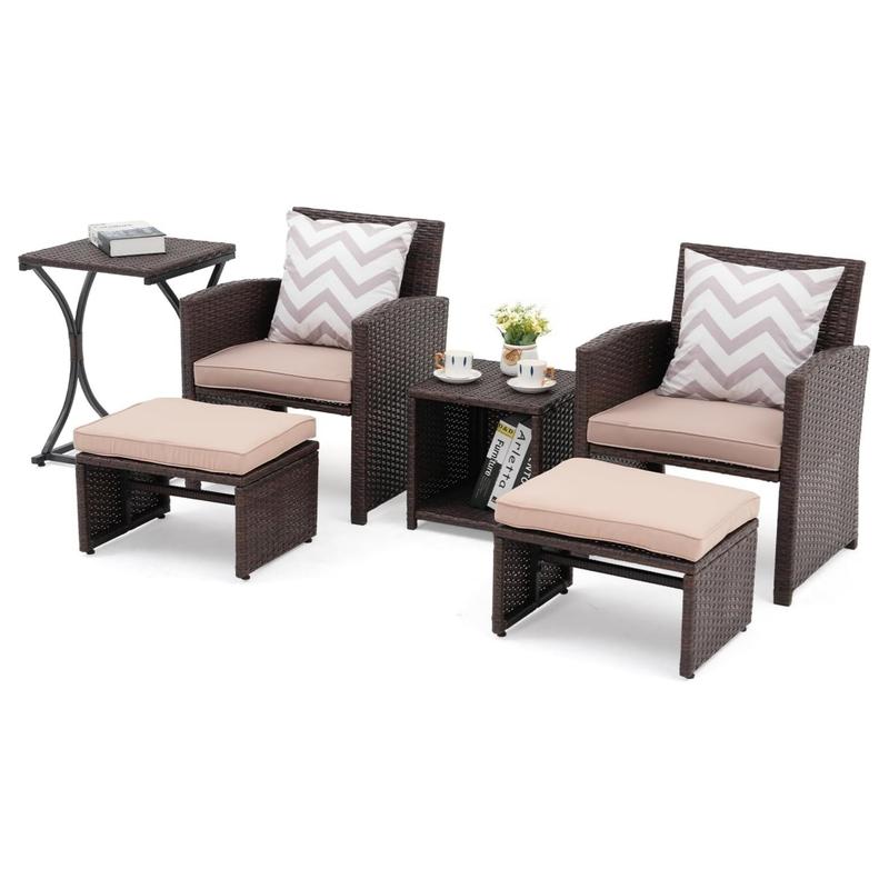 TikTok Shop 6 Piece Patio Wicker Furniture Set Balcony All Weather Rattan Chair with Space Saving Ottoman Resin Nesting Coffee Table Modern Design Beige