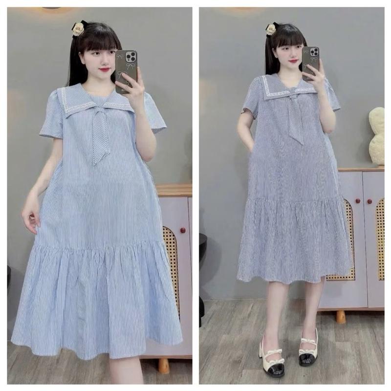 BOBIMOM - đầm bầu công sở cổ thuỷ thủ, cho mẹ bầu mặc đi làm, đi chơi, đi tiệc xinh dễ thương qua gối lịch sự, vải cotton thái bao mềm mát, đầm bầu hè mát