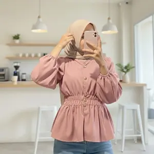Valerie Blouse Wanita outfit atasan wanita kancing Rose gold mewah Blouse katun