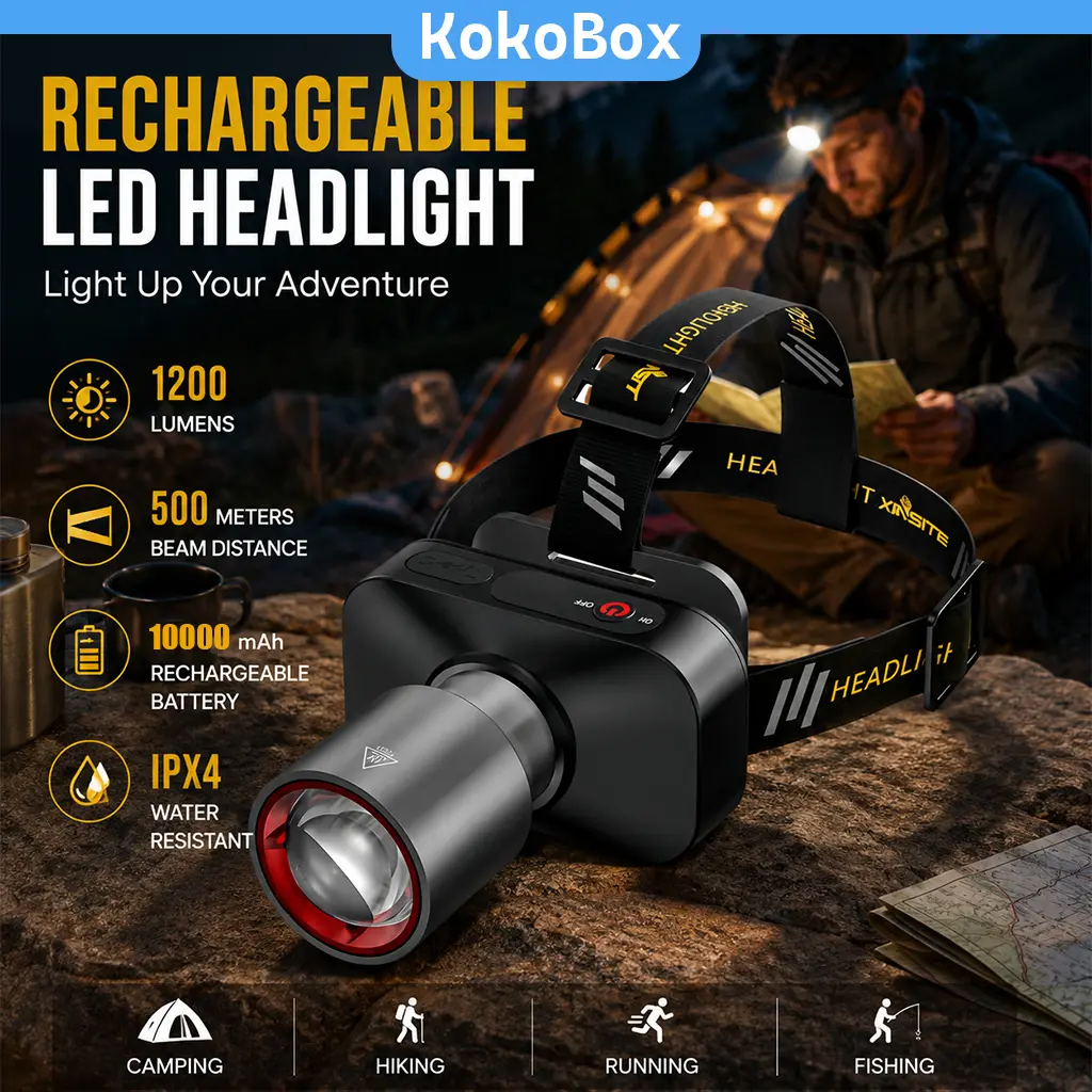 KOKOBOX 10000mAh Senter Kepala Super Terang Anti Air Senter Kepala Zoom 1200 Lumen Rechargeable Dengan USB-C