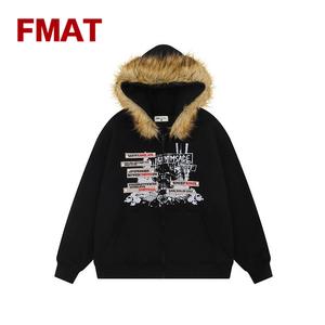 FMAT 春秋 アウター アメリカンレトロスタイル 取り外し可能なファーカラー付きフーディースウェットシャツ