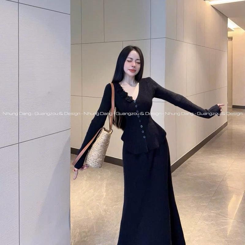  NTH BIGSIZE- Set len cổ V đính hoa trà khuy cài chiết eo kèm chân váy dài lưng cao BIGSIZE 