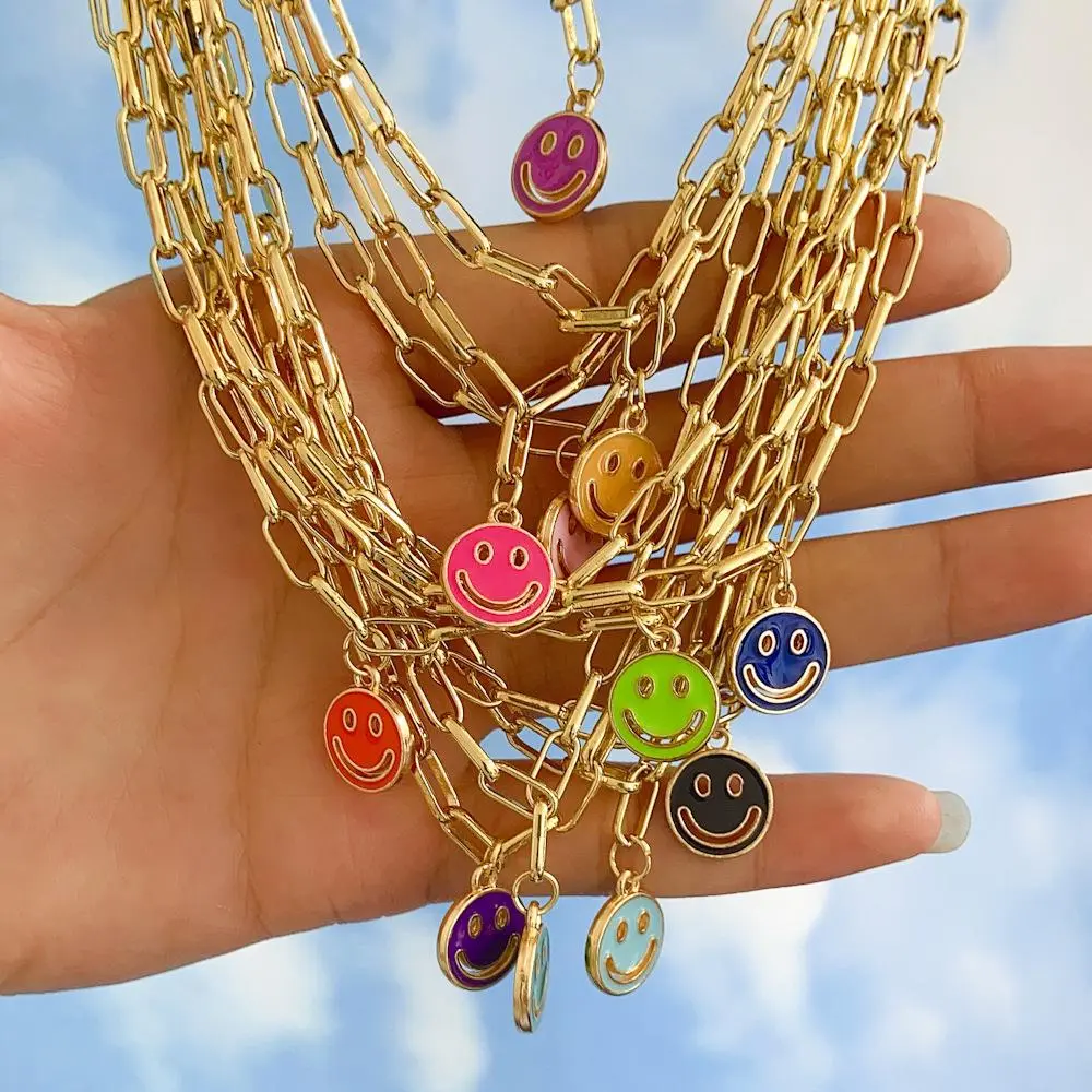 Summer Colorful Hollow Smiley Face Pendant Necklace, Stainless Steel Hip-Hop Street Couple Niche Jewelry for Men and Women, Trendy Design and Versatile Accessories, Y2K Personalized Graduation Present and Birthday Present for Beach Party