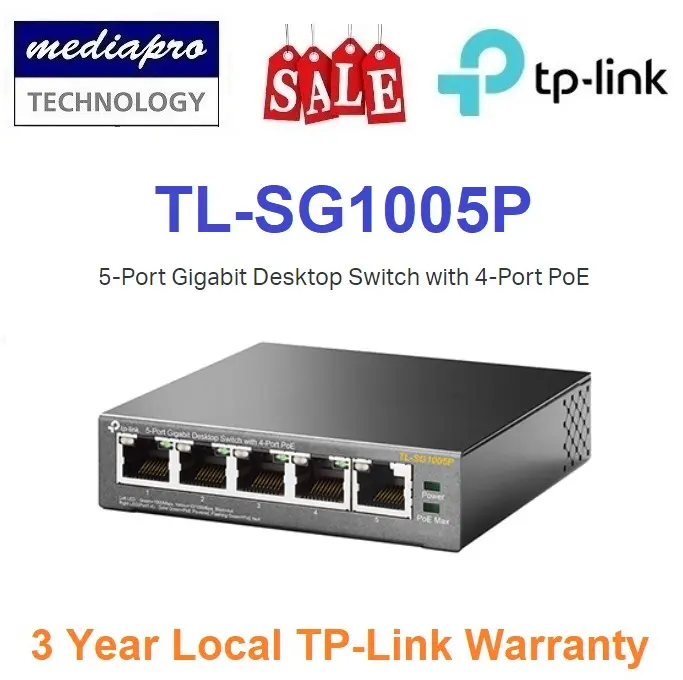 TP-Link TL-SG1005P 5-Port Gigabit Desktop Switch with 4-Port PoE+ - SG1005P - 3 Year Local TP-Link Warranty
