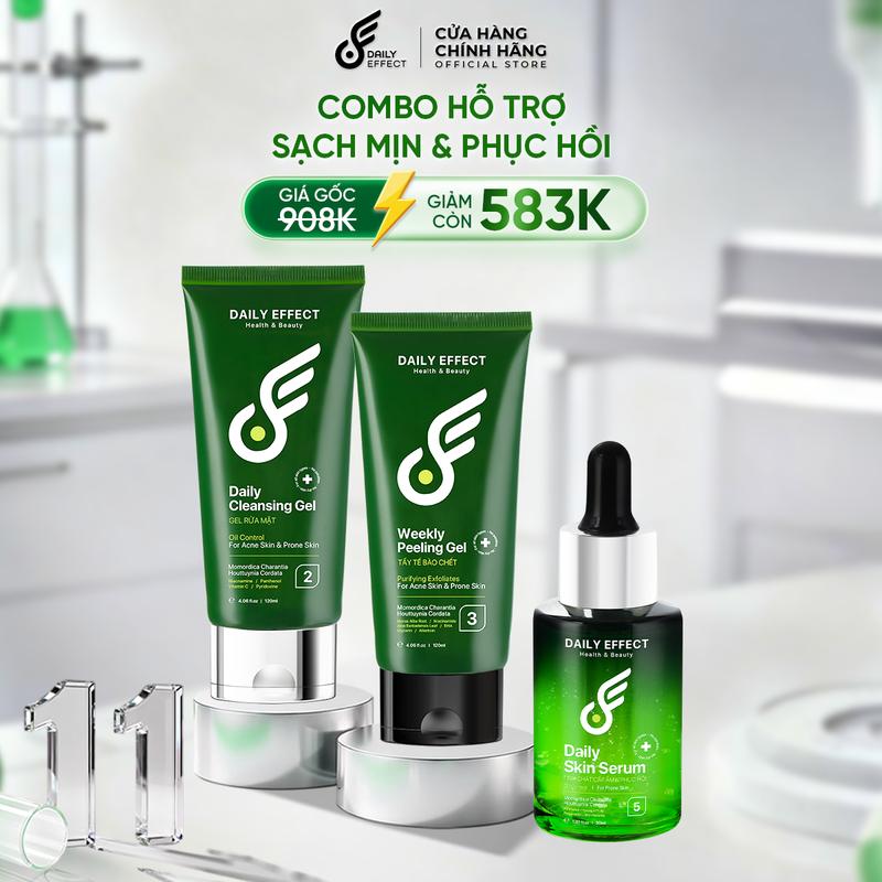  COMBO 3 SẢN PHẨM: Gel Rửa Mặt 120ml + Tẩy Tế Bào Chết Dạng Gel 120ml + Serum Cấp Ẩm Và Làm Dịu Da 30ml Skincare Daily Effect 