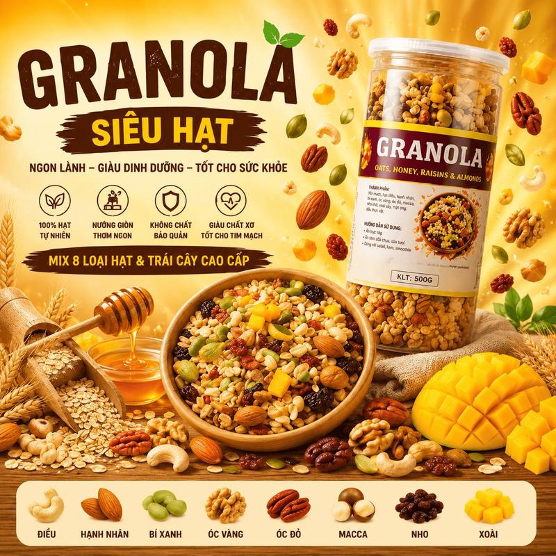 Granola Siêu Hạt Mix Hạt Điều Hạnh Nhân Macca Óc Chó Nho Khô Xoài Sấy - Ngũ Cốc…