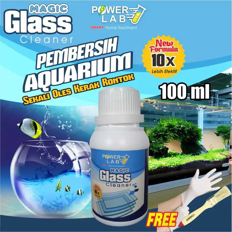 Powerlab Magic Glass Cairan Penghilang Pembersih Kerak Jamur Lumut Kaca Khusus Untuk Aquarium Akuarium Aquascape Jendela Cermin Stainlis Stainless Terkena Noda Air Berkerak Waterspot Membandel Buram Kamar Mandi Paling Ampuh Non HCL 100 Ml