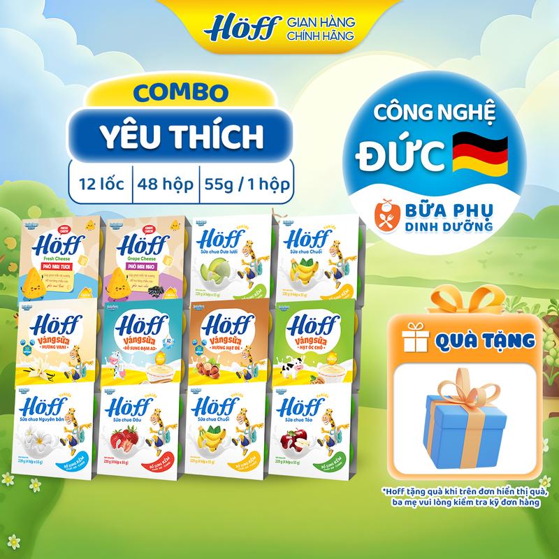  Combo YÊU THÍCH Sữa chua Váng sữa Hoff bổ sung: canxi kẽm HMO MFGM vitamin  men vi sinh cho bé hỗ trợ phát triển trí não chiều cao hệ miễn dịch 12 lốc  48 hộp x 55g  