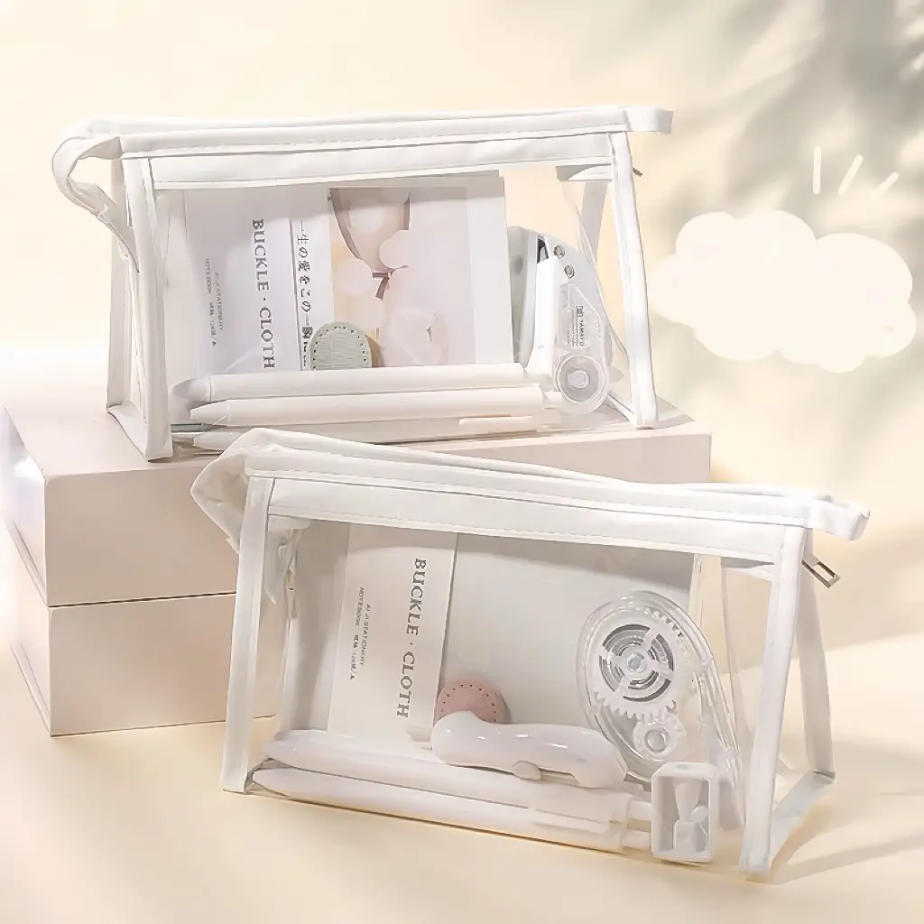 Clear PVC Pencil Case, White Transparent Stationery Bag, Waterproof Minimalist Design