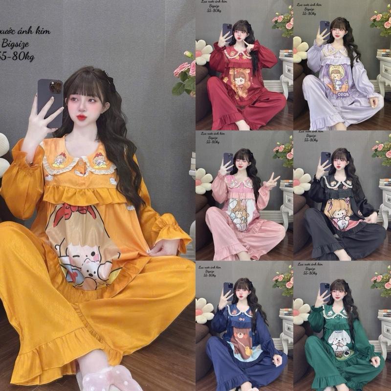 Bigsize (60-80kg) Bộ Pijama Tiểu Thư Tay Dài Quần Dài Chất Lụa Xước Mềm Mại