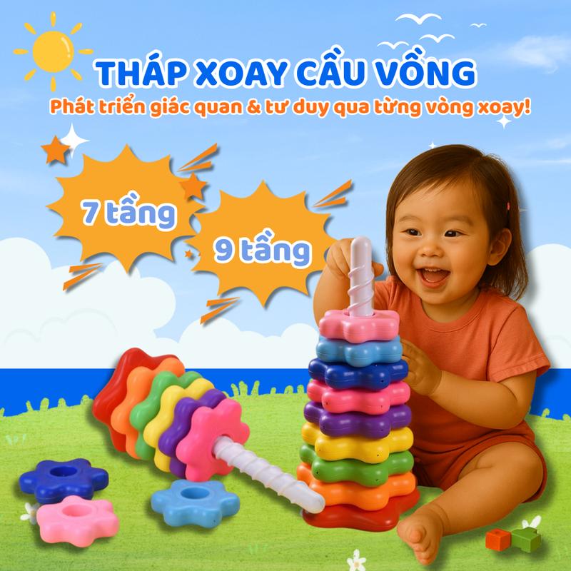 Tháp Xoay cầu vồng, Tháp đồ chơi xếp chồng nhiều màu, Tháp xếp tầng cho bé từ 1–4 tuổi, Đồ chơi tháp xoay cầu vồng giúp bé phát triển kỹ năng, phát triển giác quan & rèn nhận thức sớm, Đồ chơi Montessori an toàn, Tháp con quay sắc màu cho bé