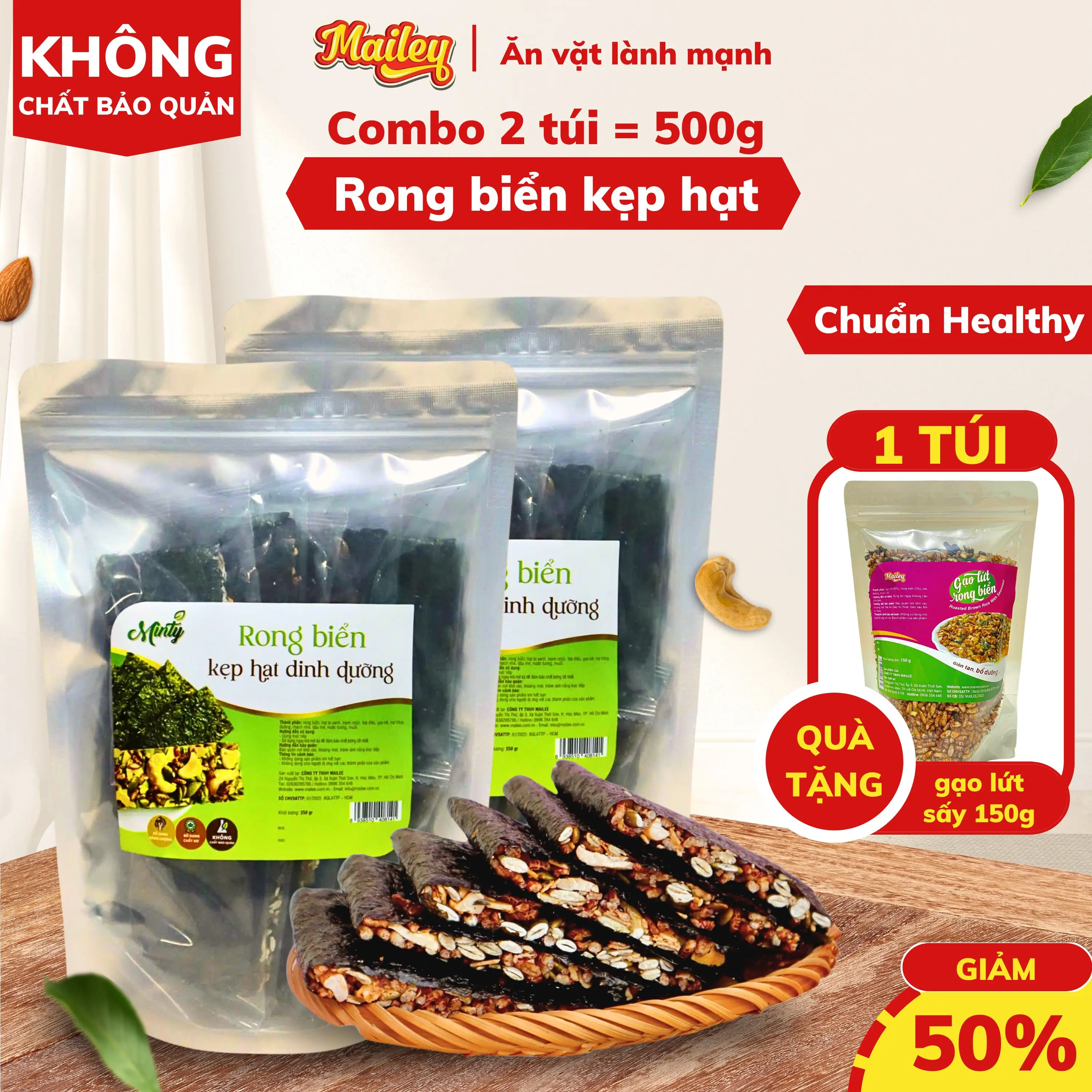 [COMBO 2 TÚI 500G] Rong biển kẹp hạt dinh dưỡng Mailey túi 250g, dùng cho ăn chay đều được