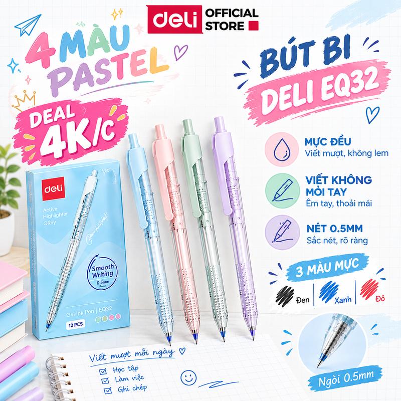 Combo 10/20 Bút bi dầu màu pastel Deli EQ32 - Bút bi trơn mượt, khô nhanh,…