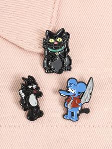 Conjunto de 3 piezas: pines de esmalte “Itchy Scratchy”, personajes de dibujos animados cómicos y animación, ratón azul, gato negro, broches de aleación animal, insignia para solapa de mochila, accesorios de joyería de moda, regalos para amigos