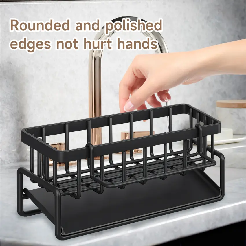 Stainless Steel Kitchen Sink Organiser, Kitchen Sink Drain Rack with Drain Tray, Multifunctional Kitchen Sink Organizer with Hanging Rail