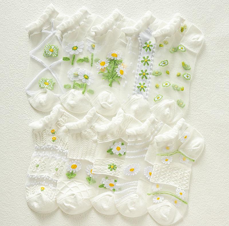 Product Introduction of Tất Lụa Pha Lê Mùa Hè, 5 Đôi, Siêu Mỏng, Trong Suốt, Tất Ngắn Ren Cho Bé Gái, Thời Trang, Hoa Cúc Tươi, Tất Thuyền Vô Hình 13