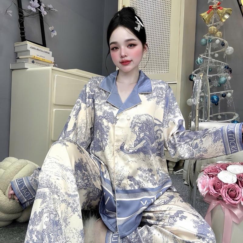  Đồ bộ pijama lụa latin in hoạ tiết rừng nền màu kem tím sang trọng có bigsize đến 90kg 