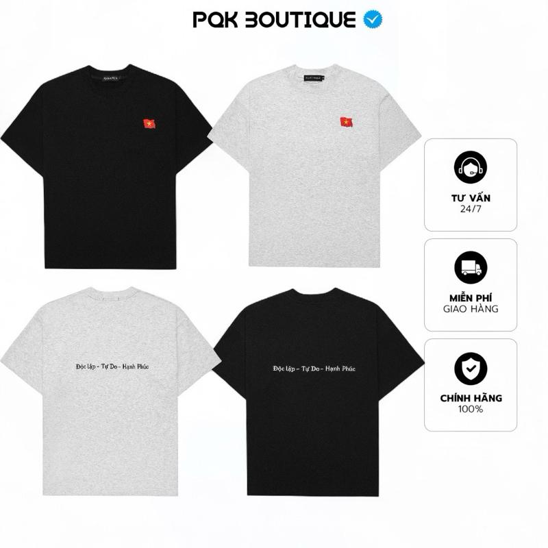 [ Thêu Toàn Bộ ] Áo Thun Nam Nữ Form Rộng Logo Cờ Việt Nam Thêu Phối Chữ Sau Lưng Basic - Pqk Boutique