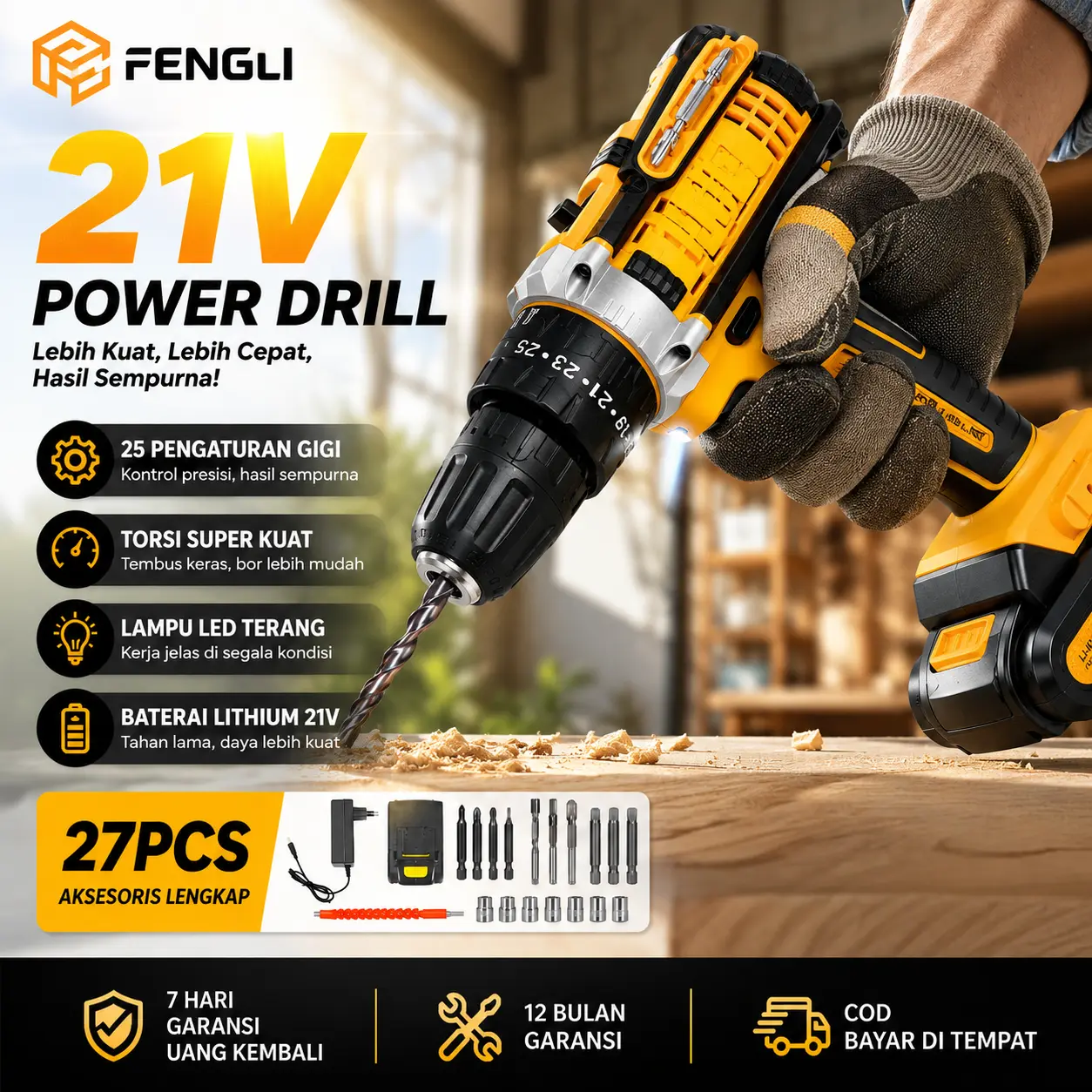 Bor Impact Baterai Cordless 13mm 2 Baterai Fullset Impact Drill Multifungsi Rechargeable Untuk Beton Kayu Besi Torsi Kuat Logam