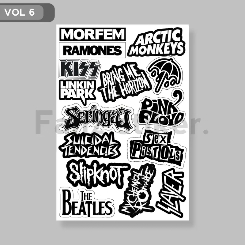 STIKER BAND MUSIC ROCK METAL ISI 15pcs BLACK N WHITE, STICKER ANTI AIR, STIKER AESTHETIC, HELM, LAPTOP, TUMBLER, CASE HP VOL 6 3