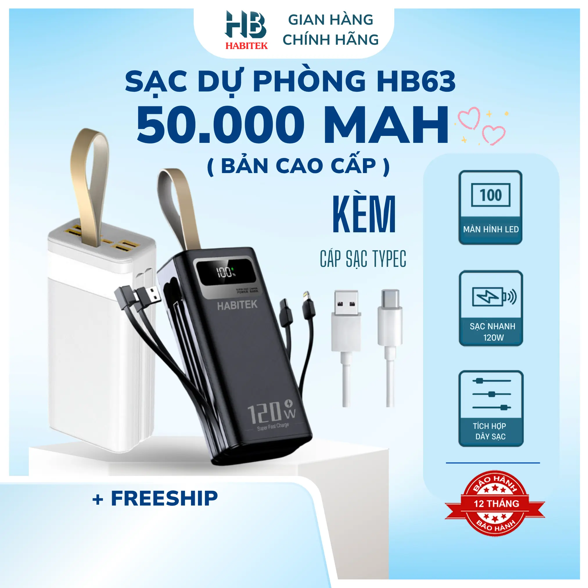 Sạc Dự Phòng HB63 50.000MAH , Tích Hợp 2 Dây Sạc , Sạc Siêu Nhanh,  Bảo Hành 12 Tháng [ Đổi trả bất kỳ lý do gì ] Phụ Kiện Điện Thoại Pin Dự Phòng Đèn | BigBuy360 - bigbuy360.vn
