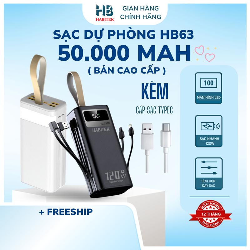 Sạc Dự Phòng HB63 50.000MAH Tích Hợp 2 Dây Sạc Sạc Siêu Nhanh Bảo Hành 12 Tháng Đổi trả bất kỳ lý do gì Phụ Kiện Điện Thoại Pin Dự Phòng Đèn