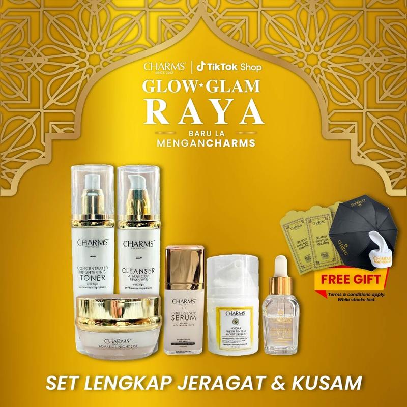 CHARMS Set Lengkap Jeragat & Kulit Kusam 6pcs Cleanser Makeup Remover 2 in 1 + Brightening Toner + Hydra Moisturizer Tinted Sunscreen + Advance Night Spa Night Cream + Hydrating Essence + Anti aging and glowing serum All in 1 Set Skincare Niacinamide Face